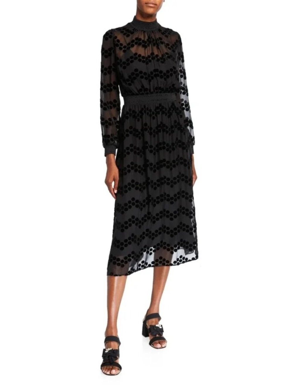 Tory Burch Velvet Dot Mock-Neck Long-Sleeve Devore Burnout Dress